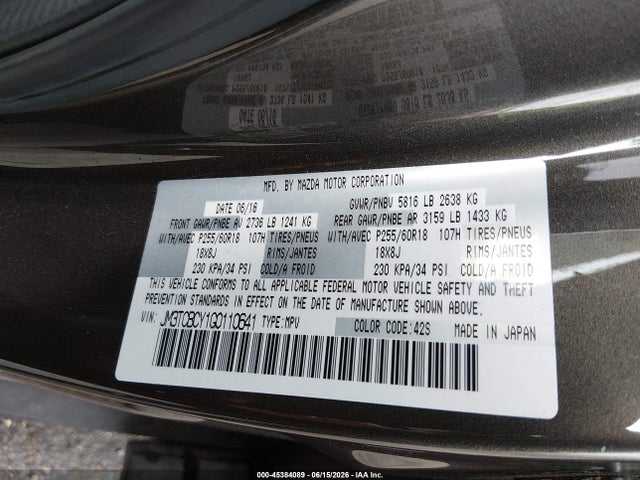 45384089 :رقم المزاد ، JM3TCBCY1G0110641 vin ، 2016 Mazda Cx-9 Touring مزاد بيع