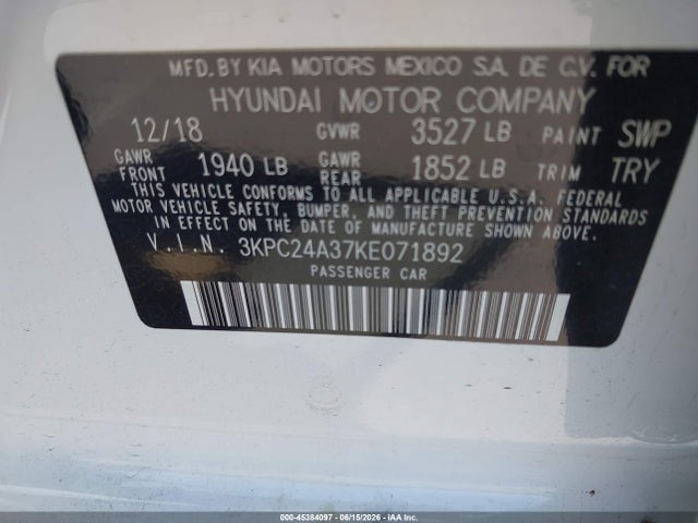 Aukcja sprzedaży 2019 Hyundai Accent Se, vin: 3KPC24A37KE071892, numer aukcji: 45384097