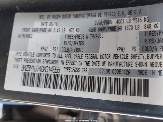Продажа на аукционе авто 2016 Mazda Mazda3 I Sport, vin: 3MZBM1U74GM314555, номер лота: 45384103