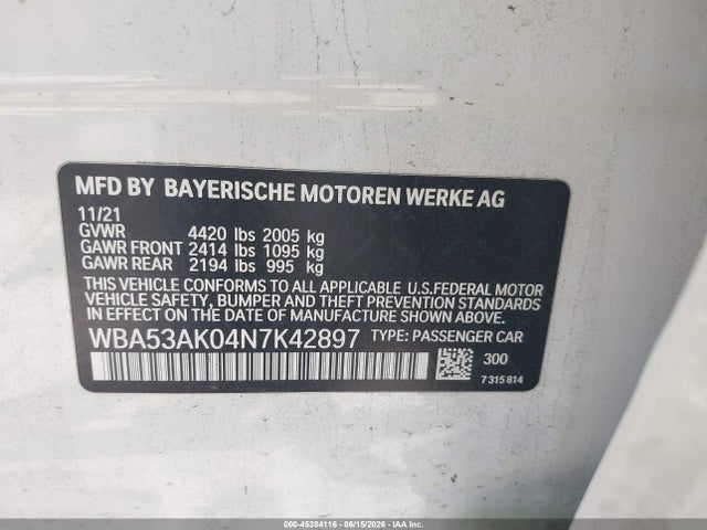 45384116 :رقم المزاد ، WBA53AK04N7K42897 vin ، 2022 Bmw 228 Gran Coupe I Sdrive مزاد بيع