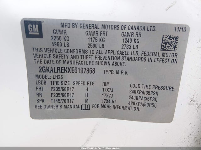 Aukcja sprzedaży 2014 Gmc Terrain Sle-2, vin: 2GKALREKXE6197868, numer aukcji: 45384126