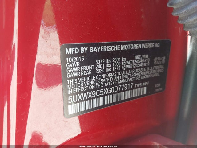 45384135 :رقم المزاد ، 5UXWX9C5XG0D77917 vin ، 2016 Bmw X3 Xdrive28i مزاد بيع