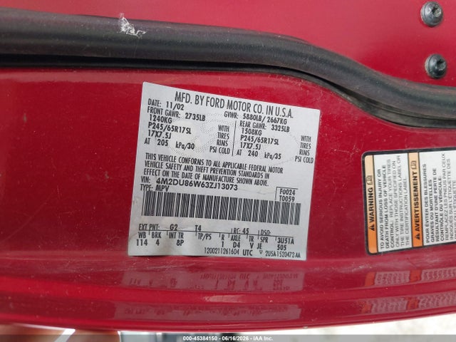Продажа на аукционе авто 2003 Mercury Mountaineer, vin: 4M2DU86W63ZJ13073, номер лота: 45384150