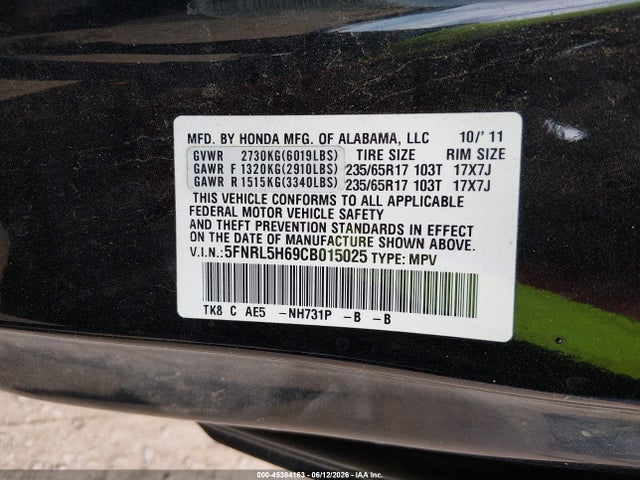 2012 Honda Odyssey Ex-l მანქანა იყიდება აუქციონზე, vin: 5FNRL5H69CB015025, აუქციონის ნომერი: 45384163