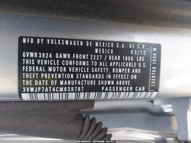 45384187 :رقم المزاد ، 3VWJP7AT4CM639787 vin ، 2012 Volkswagen Beetle 2.5l مزاد بيع