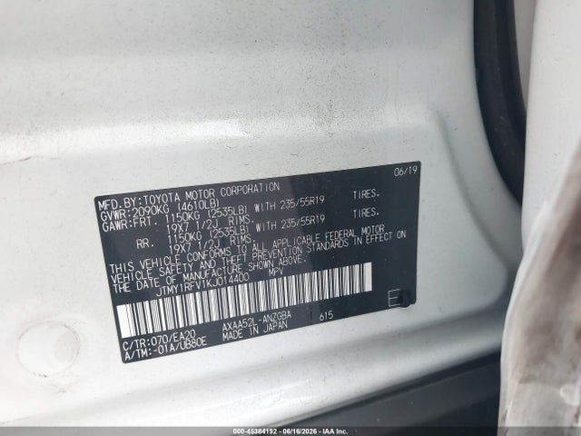 45384192 :رقم المزاد ، JTMY1RFV1KJ014400 vin ، 2019 Toyota Rav4 Limited مزاد بيع