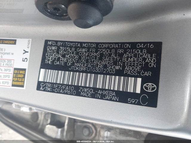 2016 Toyota Prius Two მანქანა იყიდება აუქციონზე, vin: JTDKBRFU1G3012703, აუქციონის ნომერი: 45384224