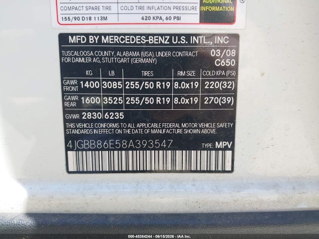 Продаж на аукціоні авто 2008 Mercedes-benz Ml 350 4matic, vin: 4JGBB86E58A393547, номер лоту: 45384244