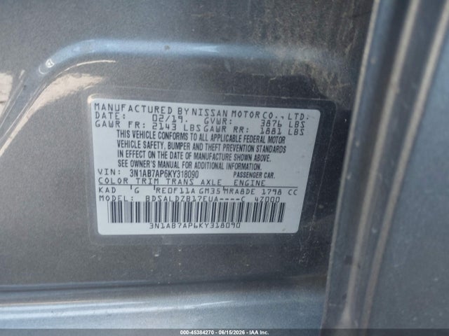 Nissan SENTRA SV 2019 3N1AB7AP6KY318090 Image 9