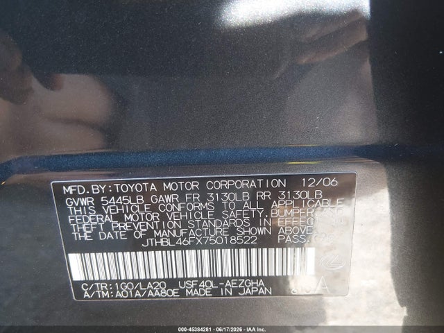 Продажа на аукционе авто 2007 Lexus Ls 460, vin: JTHBL46FX75018522, номер лота: 45384281