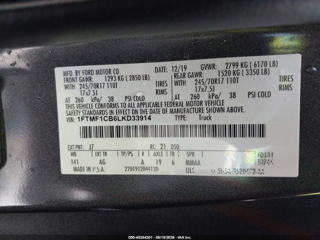 Aukcja sprzedaży 2020 Ford F-150 Xl, vin: 1FTMF1CB6LKD33914, numer aukcji: 45384301