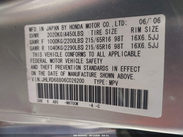 Aukcja sprzedaży 2006 Honda Cr-v Ex, vin: JHLRD68806C026200, numer aukcji: 45384302