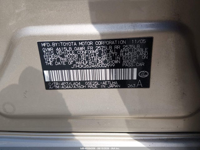 Aukcja sprzedaży 2006 Lexus Is 250, vin: JTHCK262465002999, numer aukcji: 45384306