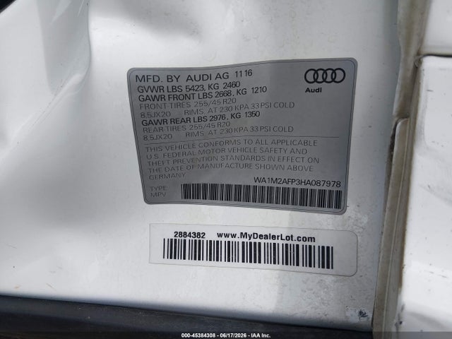 45384308 :رقم المزاد ، WA1M2AFP3HA087978 vin ، 2017 Audi Q5 2.0t Premium مزاد بيع