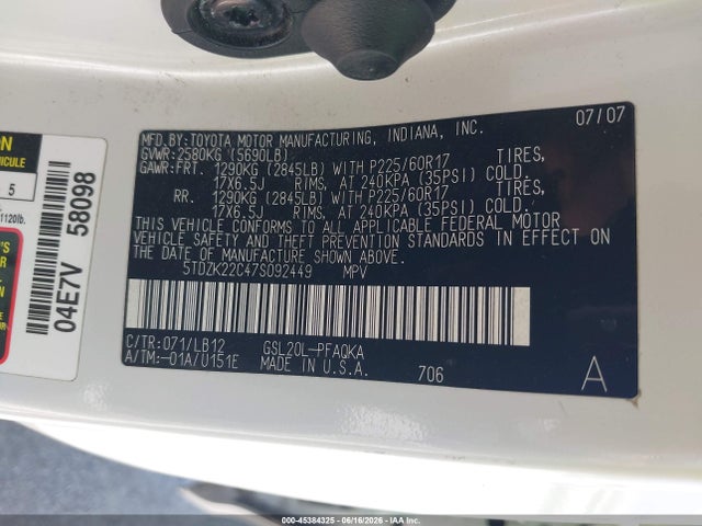 Aukcja sprzedaży 2007 Toyota Sienna Xle, vin: 5TDZK22C47S092449, numer aukcji: 45384325