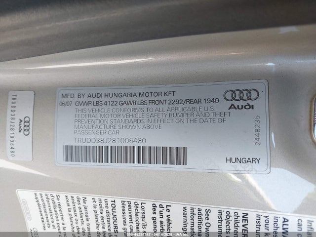 45384347 :رقم المزاد ، TRUDD38J281006480 vin ، 2008 Audi Tt 3.2 مزاد بيع