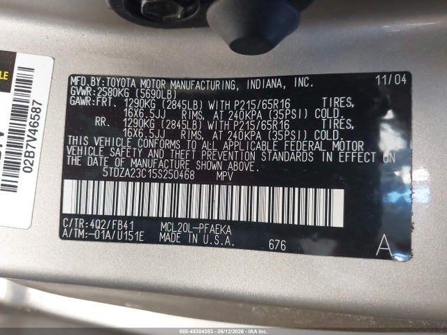 2005 Toyota Sienna Le მანქანა იყიდება აუქციონზე, vin: 5TDZA23C15S250468, აუქციონის ნომერი: 45384353