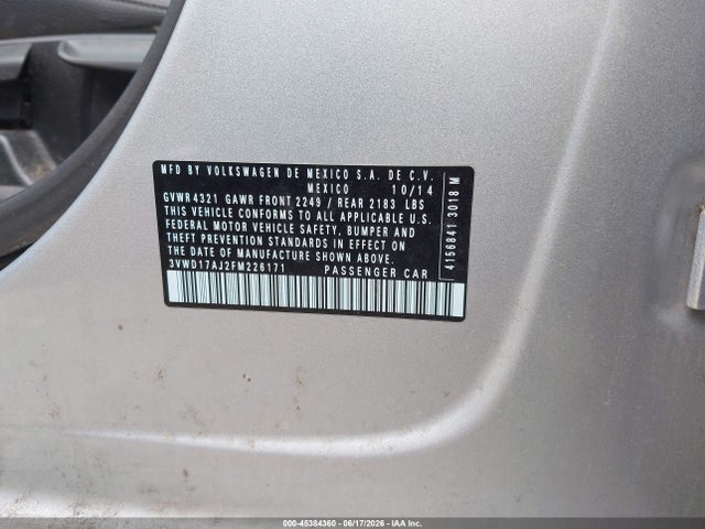 2015 Volkswagen Jetta 1.8t Se მანქანა იყიდება აუქციონზე, vin: 3VWD17AJ2FM226171, აუქციონის ნომერი: 45384360