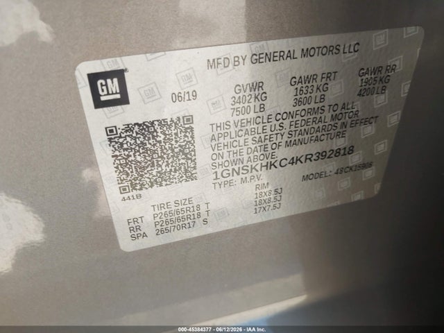 Aukcja sprzedaży 2019 Chevrolet Suburban Lt, vin: 1GNSKHKC4KR392818, numer aukcji: 45384377