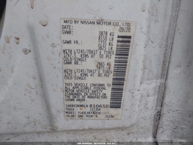 45384380 :رقم المزاد ، 1N6BF0KM6LN810650 vin ، 2020 Nissan Nv Cargo Nv1500 Sv Standard Roof V6 مزاد بيع
