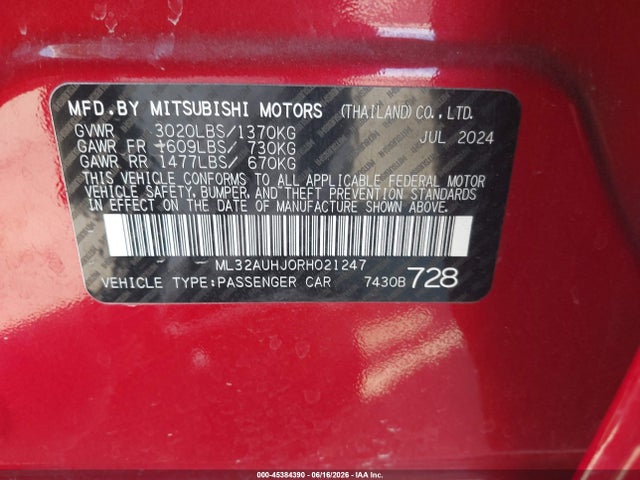 Aukcja sprzedaży 2024 Mitsubishi Mirage Es/le, vin: ML32AUHJ0RH021247, numer aukcji: 45384390