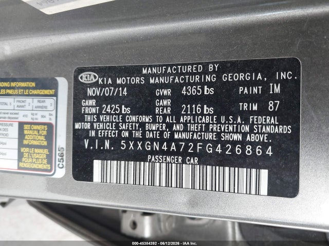 Aukcja sprzedaży 2015 Kia Optima Ex, vin: 5XXGN4A72FG426864, numer aukcji: 45384392