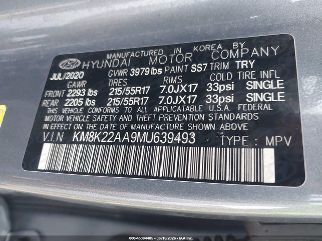 45384405 :رقم المزاد ، KM8K22AA9MU639493 vin ، 2021 Hyundai Kona Sel مزاد بيع