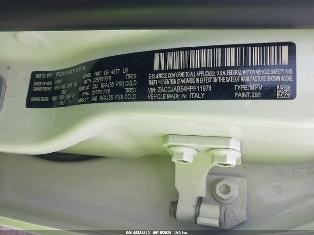 Продаж на аукціоні авто 2017 Jeep Renegade Altitude Fwd, vin: ZACCJABB4HPF11974, номер лоту: 45384410