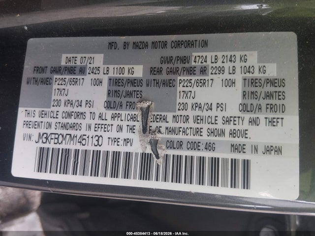 45384413 :رقم المزاد ، JM3KFBCM7M1451130 vin ، 2021 Mazda Cx-5 Touring مزاد بيع