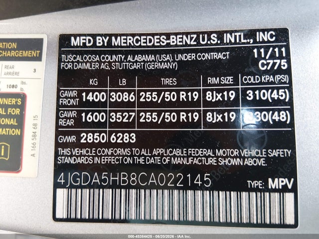2012 Mercedes-benz Ml 350 4matic მანქანა იყიდება აუქციონზე, vin: 4JGDA5HB8CA022145, აუქციონის ნომერი: 45384425