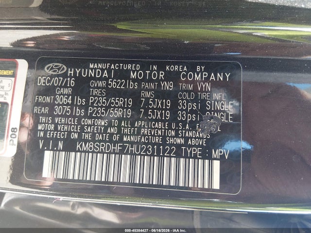Aukcja sprzedaży 2017 Hyundai Santa Fe Se Ultimate, vin: KM8SRDHF7HU231122, numer aukcji: 45384427