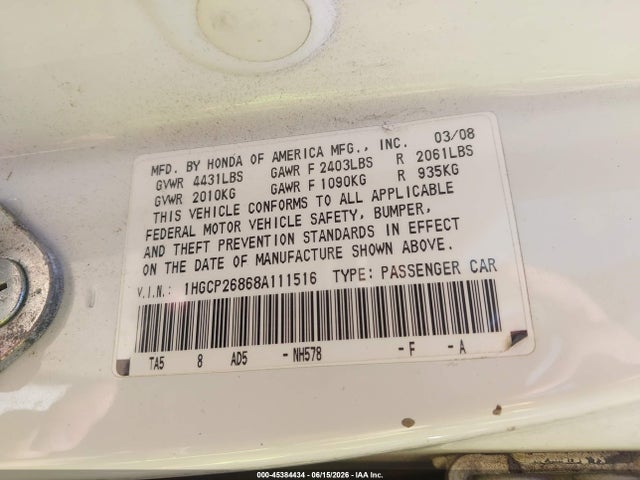 Продажа на аукционе авто 2008 Honda Accord 2.4 Ex-l, vin: 1HGCP26868A111516, номер лота: 45384434