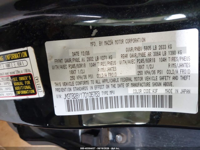 2007 Mazda Cx-9 Sport მანქანა იყიდება აუქციონზე, vin: JM3TB28Y170106763, აუქციონის ნომერი: 45384437