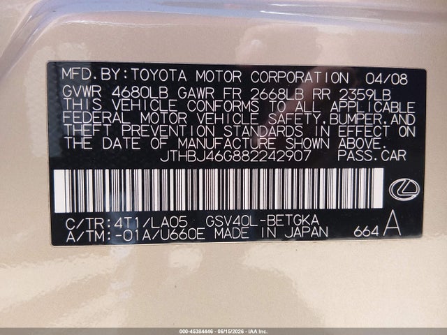 Aukcja sprzedaży 2008 Lexus Es 350, vin: JTHBJ46G882242907, numer aukcji: 45384446