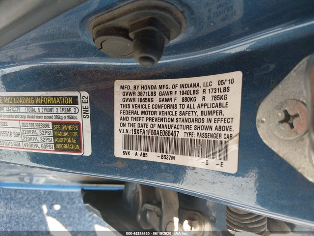 Продаж на аукціоні авто 2010 Honda Civic Lx, vin: 19XFA1F50AE065407, номер лоту: 45384450
