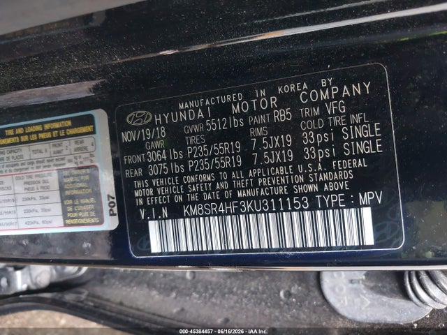 Продаж на аукціоні авто 2019 Hyundai Santa Fe Xl Limited Ultimate, vin: KM8SR4HF3KU311153, номер лоту: 45384457