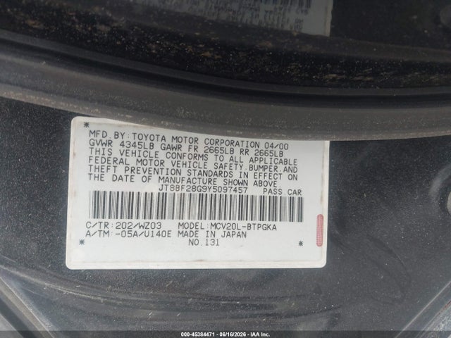 45384471 :رقم المزاد ، JT8BF28G9Y5097457 vin ، 2000 Lexus Es 300 مزاد بيع