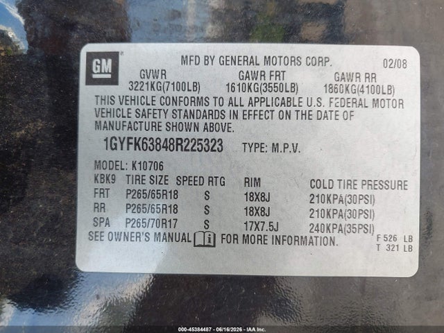 Продаж на аукціоні авто 2008 Cadillac Escalade, vin: 1GYFK63848R225323, номер лоту: 45384487
