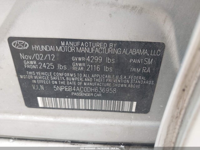 45384488 :رقم المزاد ، 5NPEB4AC0DH636958 vin ، 2013 Hyundai Sonata Gls مزاد بيع