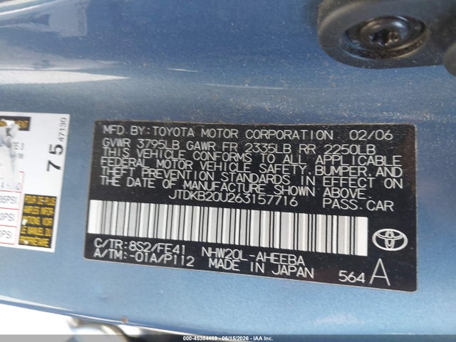 Aukcja sprzedaży 2006 Toyota Prius, vin: JTDKB20U263157716, numer aukcji: 45384489
