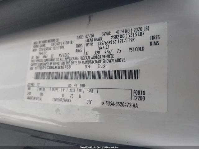 45384510 :رقم المزاد ، 1FTBR1C89LKB10768 vin ، 2020 Ford Transit-250 مزاد بيع