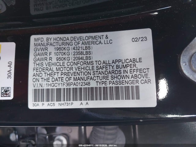 Auction sale of the 2023 Honda Accord Ex, vin: 1HGCY1F36PA012348, lot number: 45384511