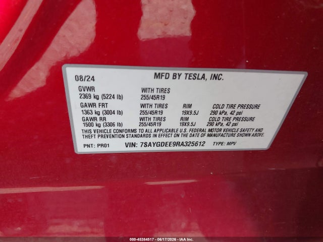 Aukcja sprzedaży 2024 Tesla Model Y Long Range Dual Motor All-wheel Drive, vin: 7SAYGDEE9RA325612, numer aukcji: 45384517