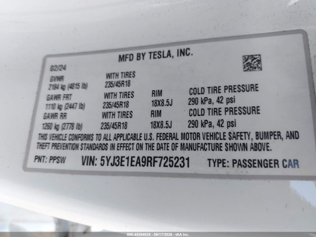 Aukcja sprzedaży 2024 Tesla Model 3 Long Range Dual Motor All-wheel Drive/rear-wheel Drive, vin: 5YJ3E1EA9RF725231, numer aukcji: 45384528