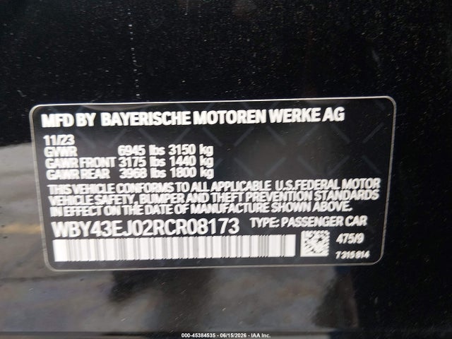 Aukcja sprzedaży 2024 Bmw I7 Edrive50, vin: WBY43EJ02RCR08173, numer aukcji: 45384535