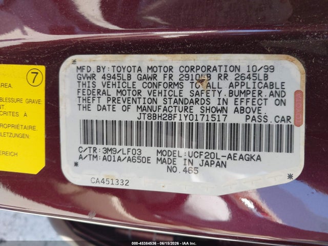 Auction sale of the 2000 Lexus Ls 400, vin: JT8BH28F1Y0171517, lot number: 45384536