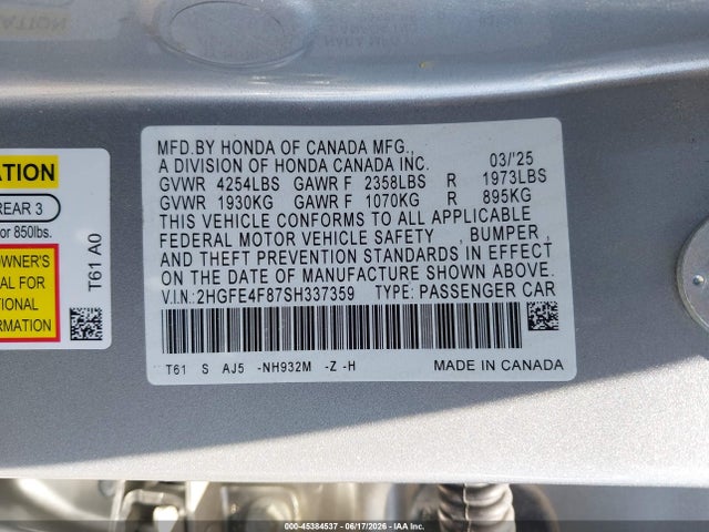 2HGFE4F87SH337359 Honda Civic Hybrid Sport/sport Touring