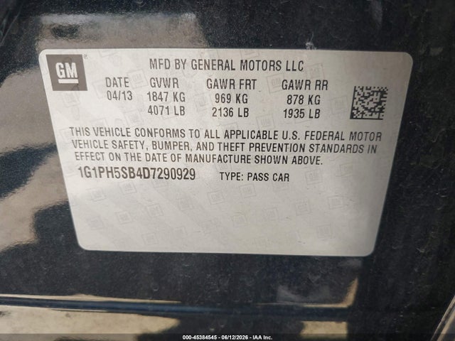 2013 Chevrolet Cruze Eco Auto მანქანა იყიდება აუქციონზე, vin: 1G1PH5SB4D7290929, აუქციონის ნომერი: 45384545