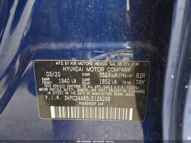 Продажа на аукционе авто 2020 Hyundai Accent Se, vin: 3KPC24A65LE126299, номер лота: 45384560