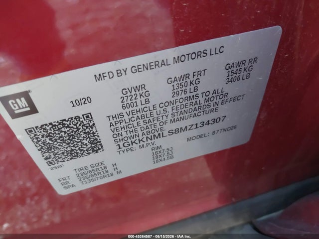 45384587 :رقم المزاد ، 1GKKNMLS8MZ134307 vin ، 2021 Gmc Acadia Fwd Slt مزاد بيع